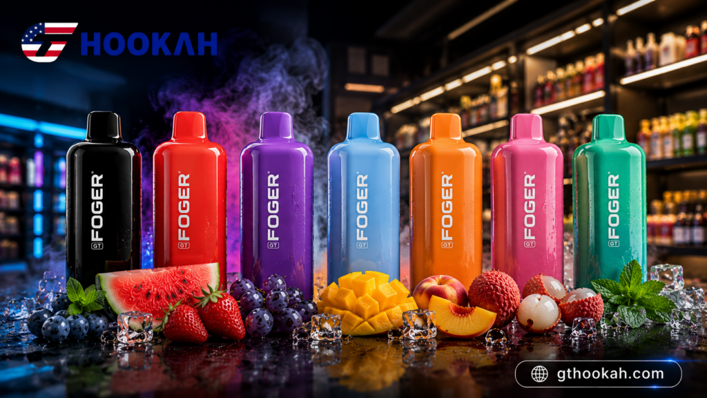 Foger GT vs Foger Switch Pro: Which Flavor Line Moves Faster in Retail? 1 Foger GT vape flavors displayed in a retail environment with GT Hookah branding, fresh fruit, ice, and vape shop background