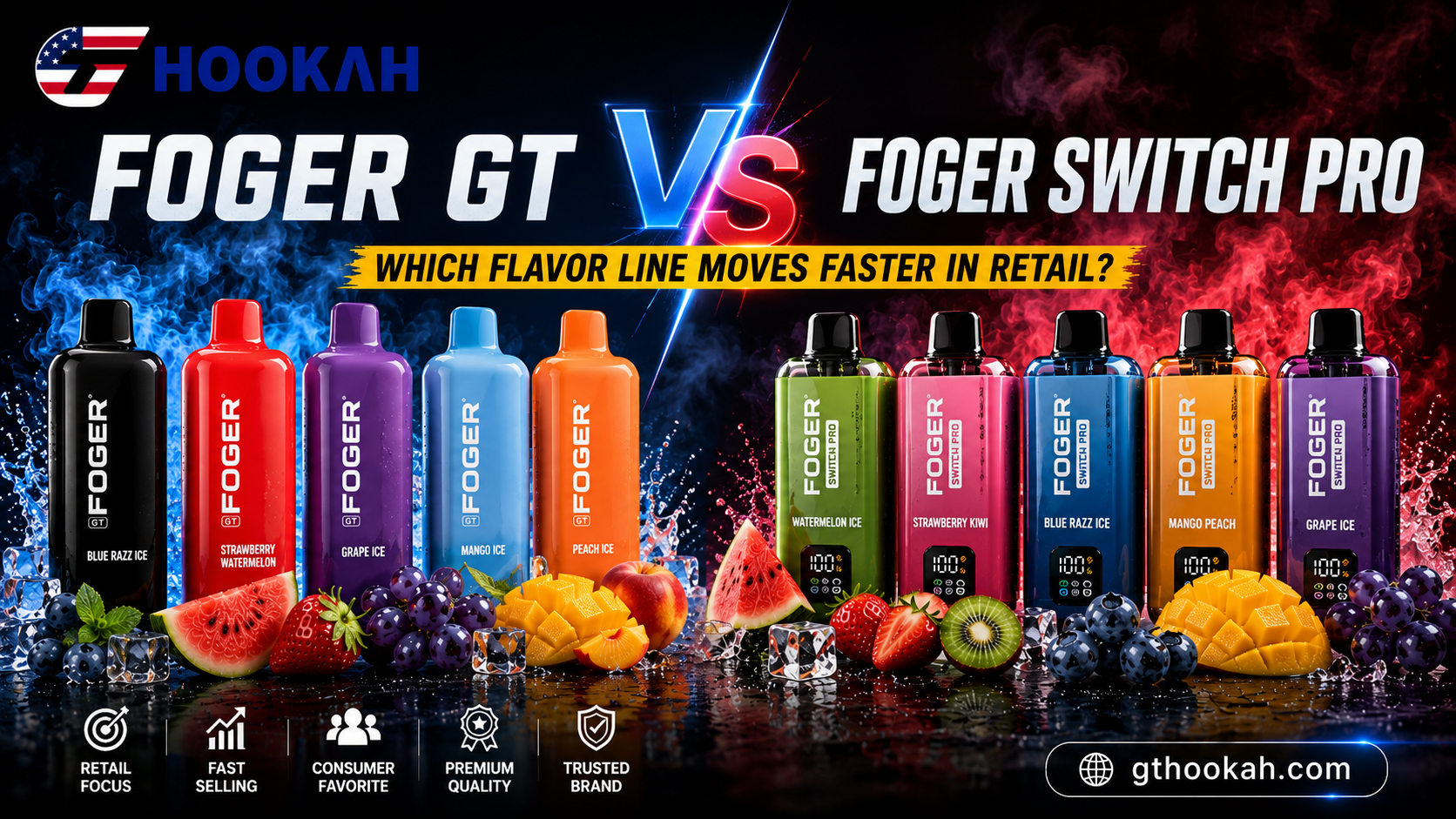 foger-gt-vs-foger-switch-pro-retail-sales-comparison-banner.webp Foger GT vs Foger Switch Pro comparison banner featuring popular vape flavors, fruit visuals, GT Hookah logo, and gthookah.com branding