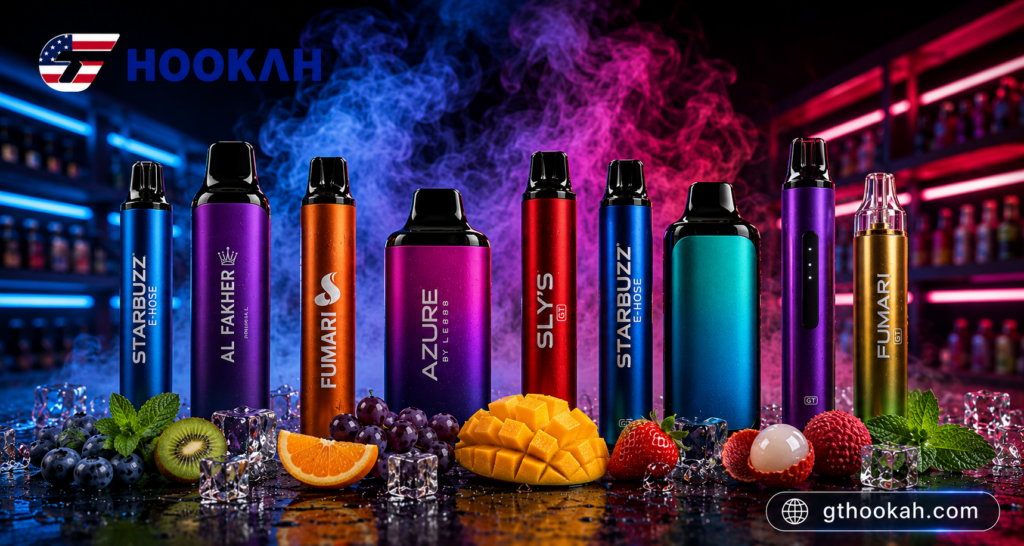 Hookah Pens Wholesale: Minimum Orders, Margins & What Actually Sells 1 A lineup of colorful disposable hookah pens displayed with fresh fruits, ice cubes, and smoke effects in a retail-inspired setting with GT Hookah branding.