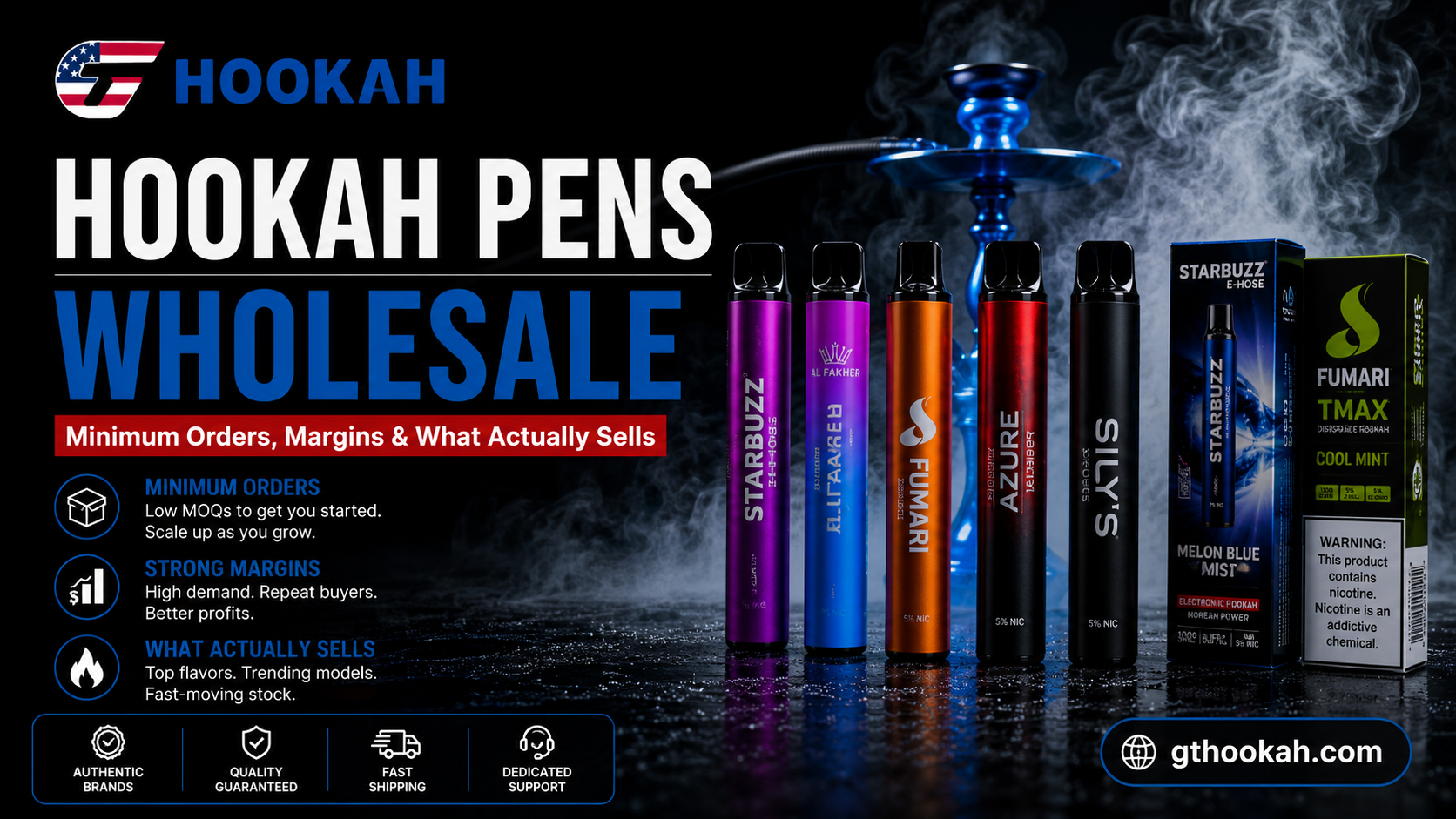 hookah-pens-wholesale-disposable-vape-wholesale-gthookah-banner.webp Hookah pens wholesale banner featuring disposable hookah vapes from Starbuzz, Al Fakher, Fumari, Azure, and SLYS available for bulk orders at GT Hookah.