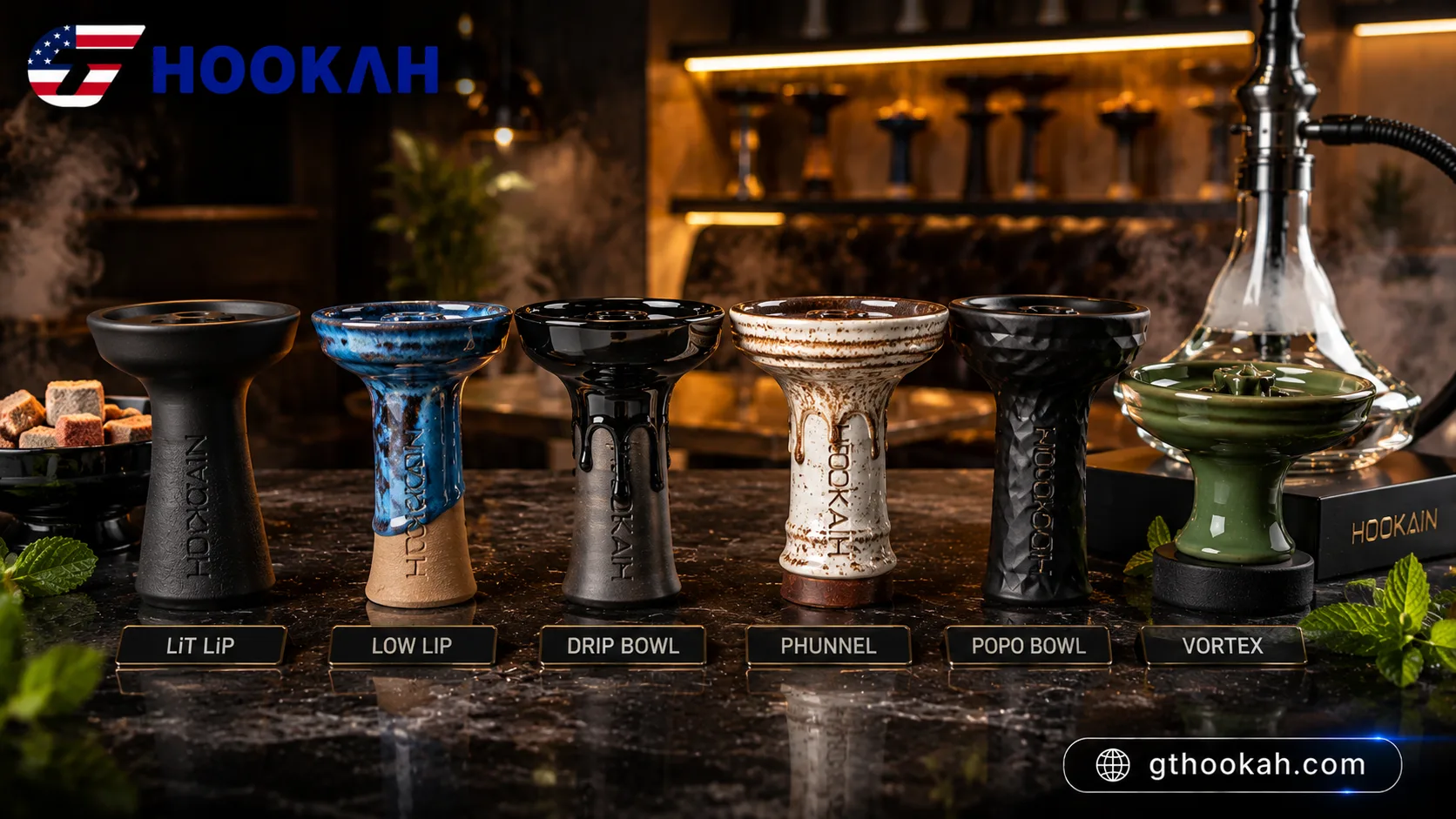 hookain-bowls-guide-lit-lip-low-lip-drip-bowl-comparison-banner.webp Hookain hookah bowls including LiT LiP, Low Lip, Drip Bowl, Phunnel, Popo Bowl, and Vortex displayed in a premium hookah lounge with GT Hookah branding