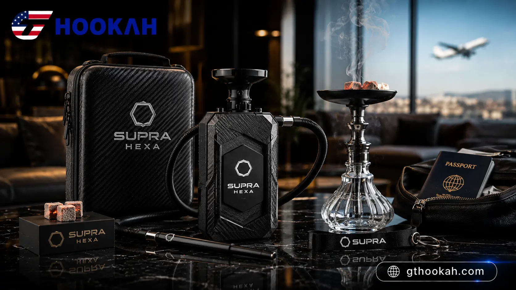 supra-hexa-carbon-fiber-travel-hookah-review-banner.webp Supra Hexa carbon fiber travel hookah with carrying case and accessories displayed in a luxury lounge featuring GT Hookah branding