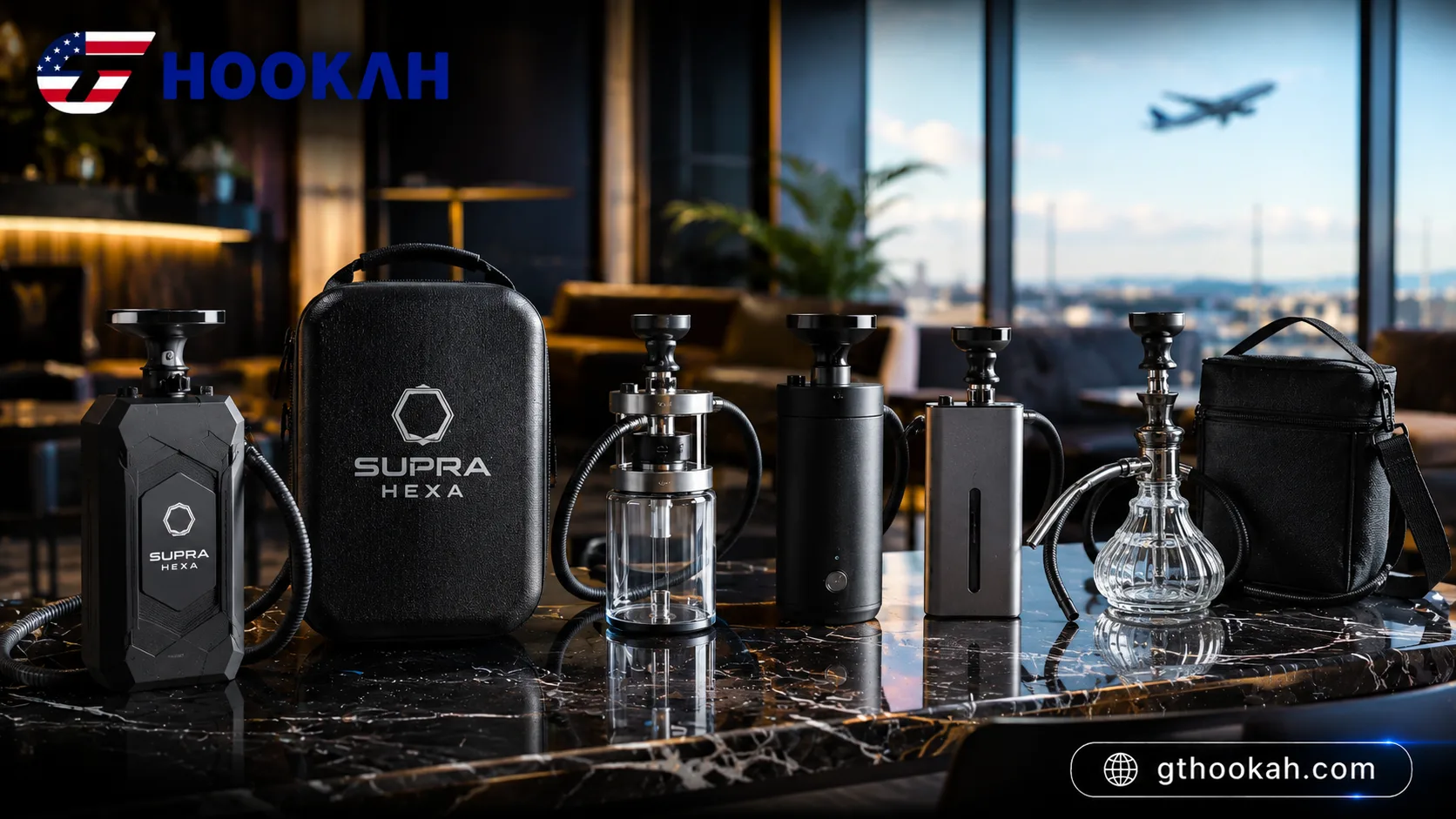 supra-hexa-vs-other-travel-hookahs-comparison-banner.webp Supra Hexa travel hookah compared with other portable hookahs in a premium lounge setting featuring GT Hookah branding and travel-ready designs