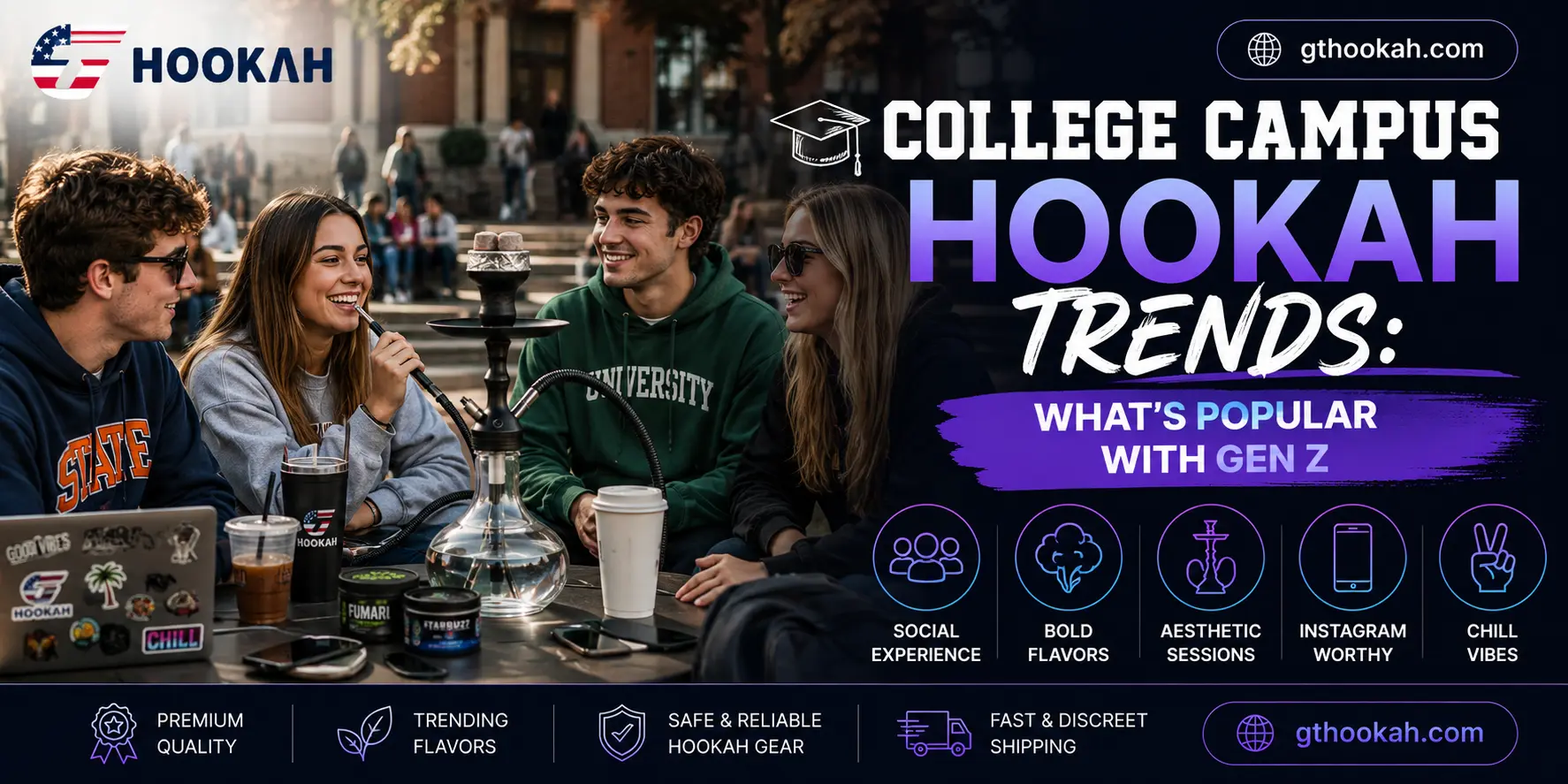 college-hookah-trends-gen-z-banner.webp Modern banner showcasing college campus hookah trends popular with Gen Z featuring the official GT Hookah logo and gthookah.com.