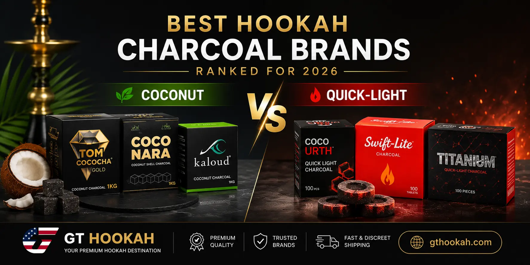 hookah-charcoal-brands-2026-banner.webp Premium banner comparing coconut and quick-light hookah charcoal brands for 2026 with GT Hookah logo and gthookah.com.