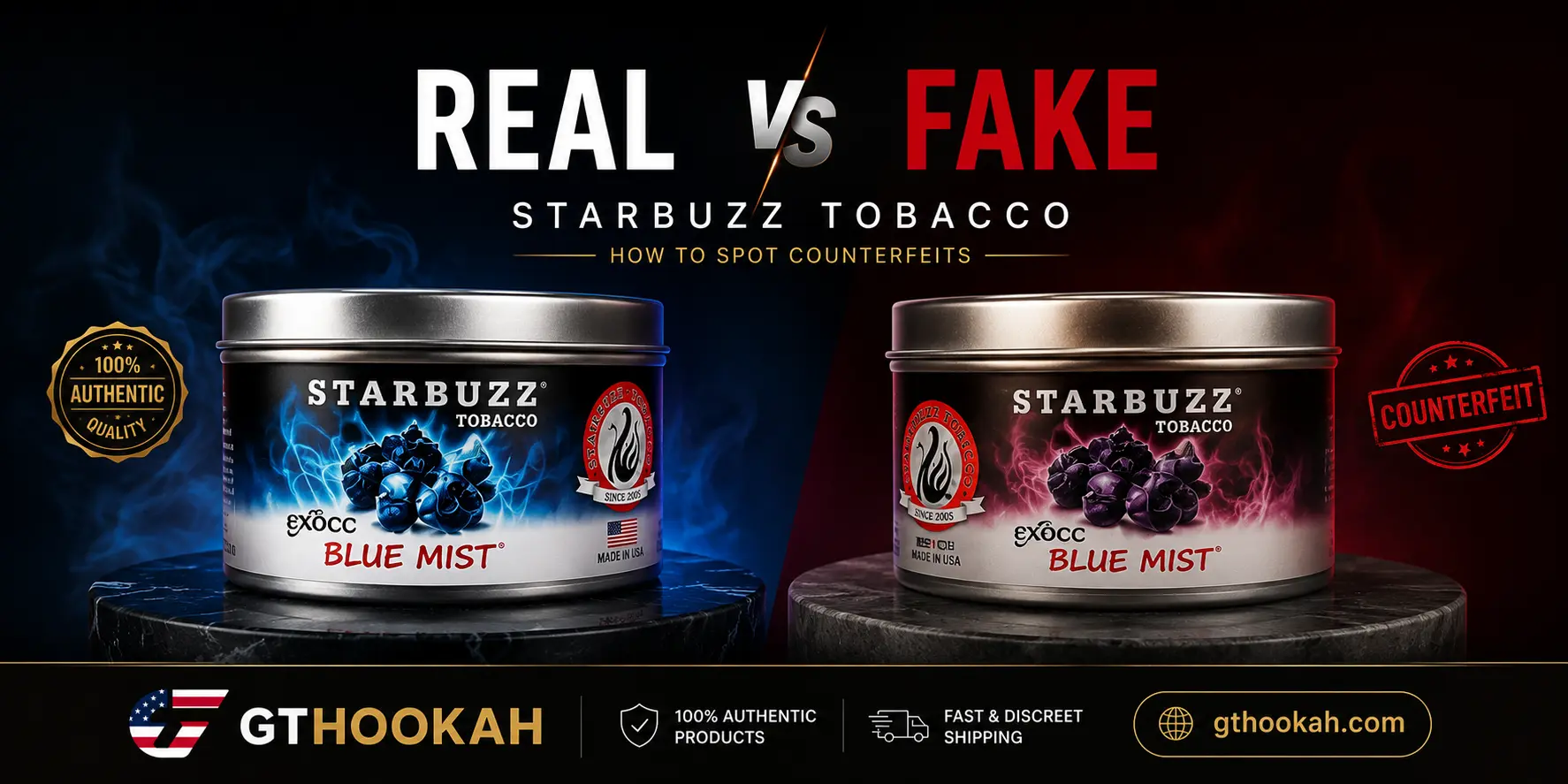 real-vs-fake-starbuzz-banner.webp Clean premium banner comparing real and fake Starbuzz tobacco packaging with GT Hookah logo and gthookah.com.
